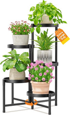 LASZOLA 5 Tiered Folding Plant Stand Indoor for Multiple Large Planter, Tall Heavy Duty Adjustable Rack with Rust Proof 10 Inch Wide Tray, Sturdy Vertical Tree Organizer for Narrow Inside Floor, Black
