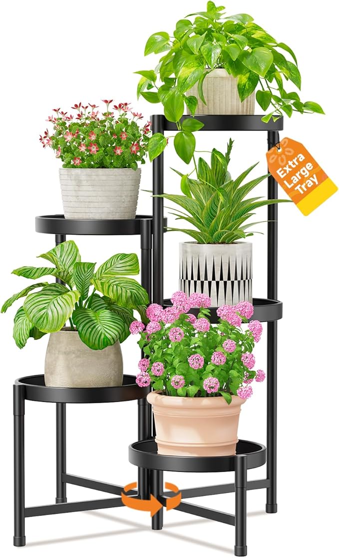 LASZOLA 5 Tiered Folding Plant Stand Indoor for Multiple Large Planter, Tall Heavy Duty Adjustable Rack with Rust Proof 10 Inch Wide Tray, Sturdy Vertical Tree Organizer for Narrow Inside Floor, Black