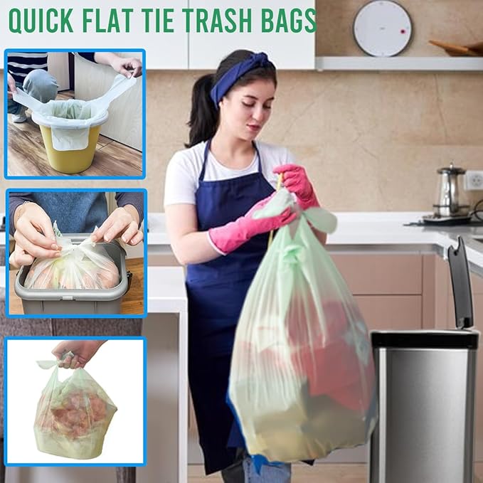 13 Gallon Flap Tie Compostable Trash Bags, 200 Count, Compost Bags Tall Kitchen Trash Bags, Sturdy Biodegradable Garbage Bags Food Scrap Waste Bags, ASTM D6400, US BPI Certified, Green