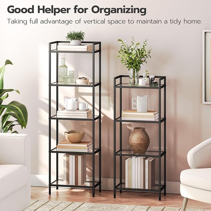 HOOBRO 5-Tier Bookcase, Metal Bookshelf, Tempered Glass Bookshelves, Slim Shelving Unit for Living Room, Narrow Bookshelf for Small Spaces, Storage Rack Display Shelf for Home Office, Black BK45SJ01