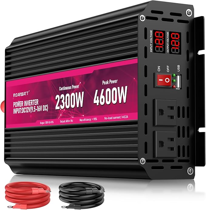 2300W Power Inverter,12V DC to AC 110V120V Peak Power 4600W with 2AC Outlets and 2.4USB Port,LCD Display Car Inverter for Power Converter Outdoor Activities,Emergency,Vehicles Truck RV Solar System