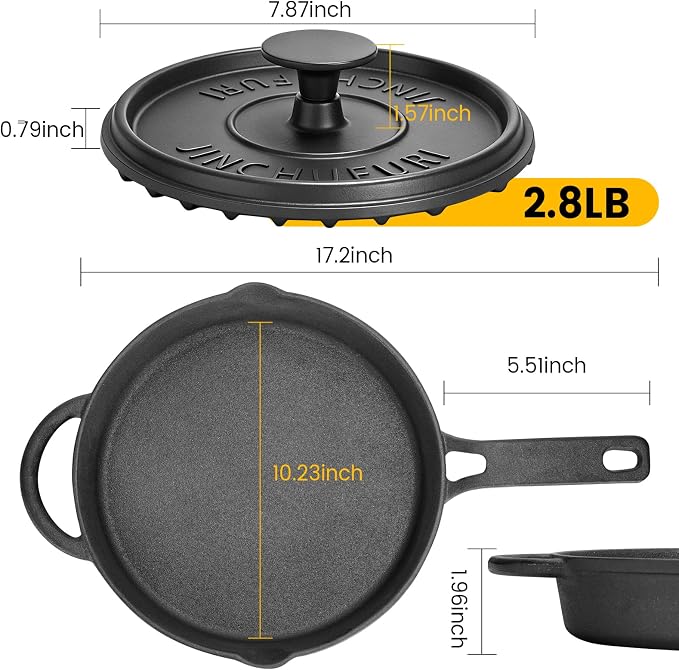 Cast Iron Skillet Set 10 Inch Pre-Seasoned Frying Pan with Burger Press | 8 Inch Grooved Smash Burger Press for Bacon, Heavy Duty Grill Pan for Gas Stove, Oven, BBQ and Campfire