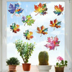 14pcs Window Decals for Bird Strikes, Anti Collision Window Clings, Rainbow Reflection Window Sticker, Maple Leaf Style Sun Catcher Stickers for Glass Windows