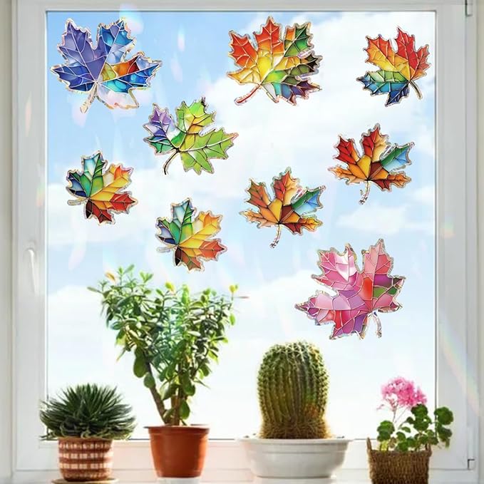 14pcs Window Decals for Bird Strikes, Anti Collision Window Clings, Rainbow Reflection Window Sticker, Maple Leaf Style Sun Catcher Stickers for Glass Windows