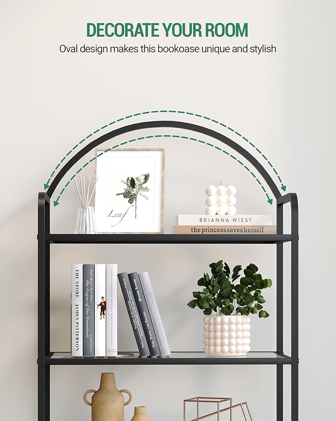 Bookcase Bookshelf, Tempered Glass Bookshelves, Slim Shelving Unit for Bedroom, Bathroom, Home Office, Steel Frame, 6 Tier Black BC21699B