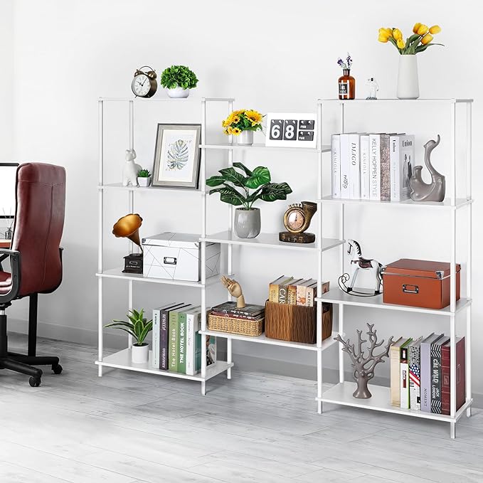 melos 4 Tier Bookshelf, Industrial Bookcase, Large Etagere Bookshelf Open Display Shelves with Metal Frame and 2 Anti-Tipping Strap, White