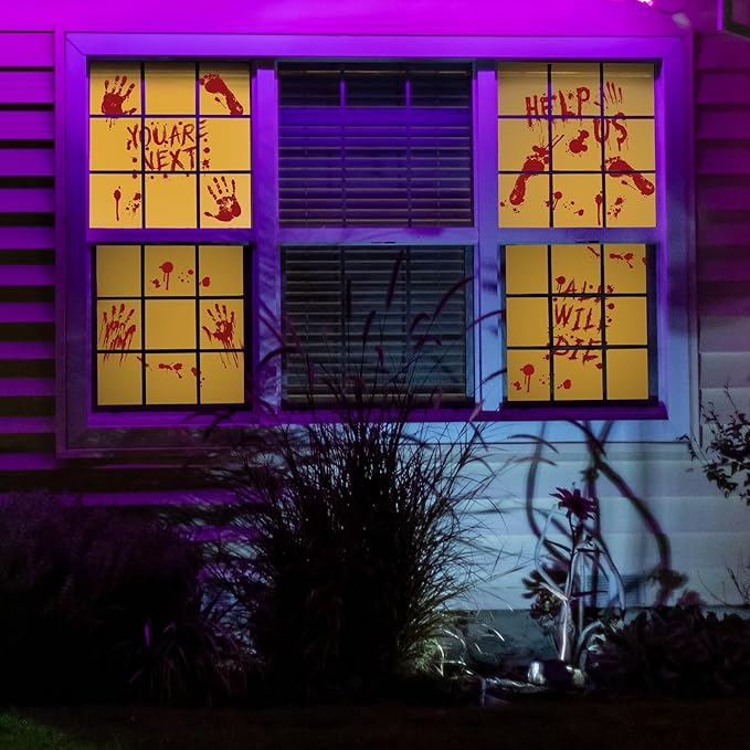 Halloween Window Clings Decorations, Bloody Handprint and Footprint Stickers, Scary Halloween Party Decor for Windows and Cars, Indoor/Outdoor Use - 12 Sheets