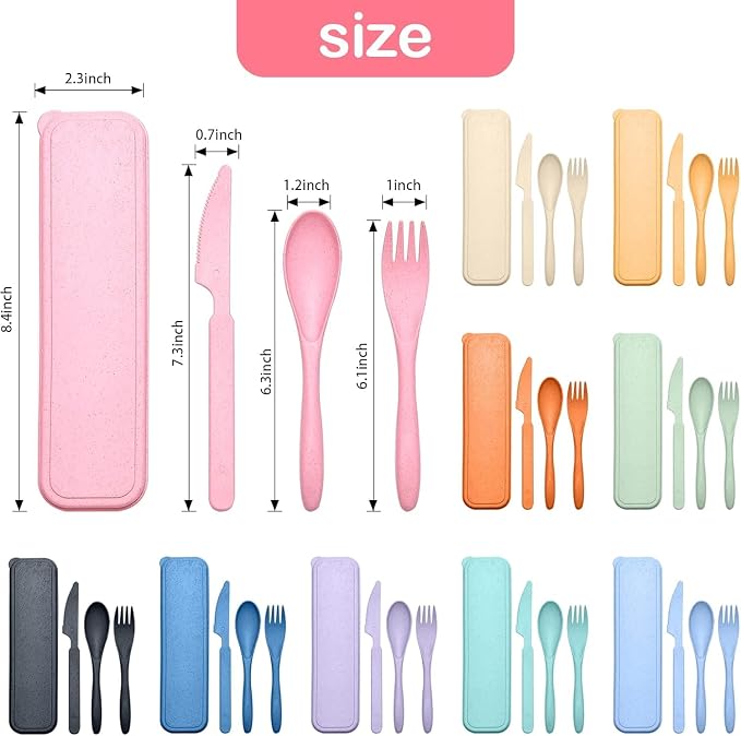 YDYTOP Reusable Travel Utensils Set with Case, 55 Sets Wheat Straw Knife Fork Spoon Cutlery, Multicolor Plastic Silverware for Kids and Adults, School Lunch, Party, Picnic and Camping
