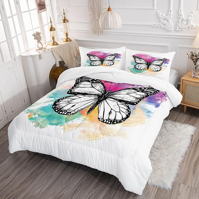 CVHOUSE Butterfly Bedding Set,Butterfly Comforter Twin,Butterfly Comforter Set for Girls Kids Teens,Butterflies Quilt Set with 1 Comforter and 2 Pillow Cases- 3 Piece