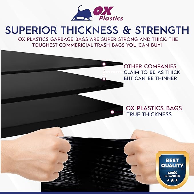 Ox Plastics 60 Gallon Trash Can Liners Garbage Bags - 100 Count & 2mil Thick Extra Heavy Duty Trash Bag Strength -Large Garbage, Leak-Proof & Durable