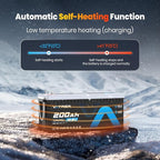 12V 200AH Bluetooth LiFePO4 Lithium Battery with Self-Heating, Built-in 200A BMS, Supports Low Temp Charging(-4°F), 5000+ Cycles, Perfect for RV/Camper, Solar, and Off-Grid Applications, etc.