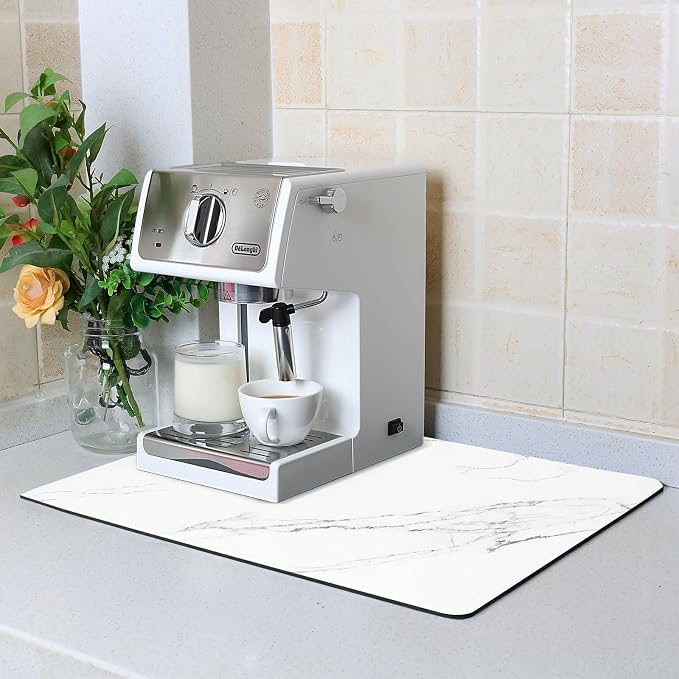 ZLR Coffee Bar Mat for Coffee Station, 16"x20" Large, Marble White | Absorbent Dish Drying Mat, Stain-Hiding Top, Non-Slip Back, Fits Espresso, Grinder, Knock Box, Frother & Cup Display