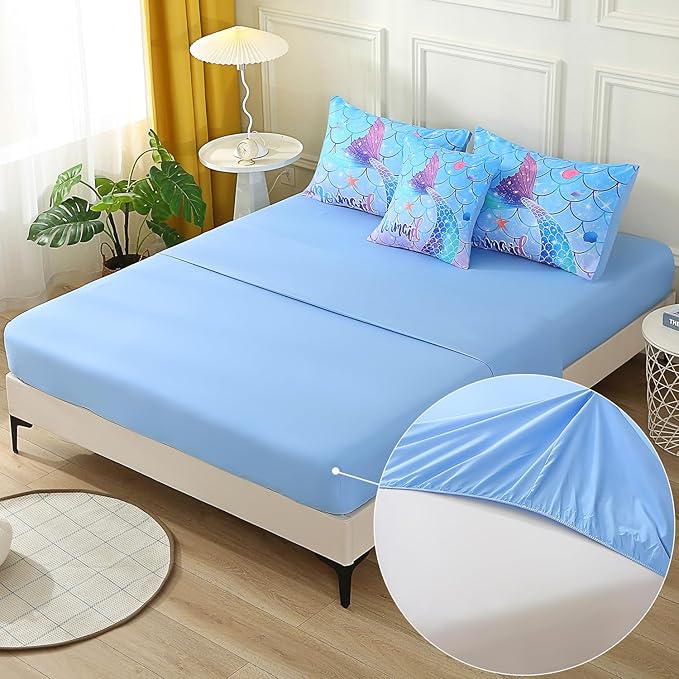 JQinHome Mermaid Comforter Set Full Size, 6 Piece Mermaid Tail Bed in A Bag,3D Colorful Mermaid Bedding Set for Girls Kids, Sparkle Teal Bedroom Decor Bedding Set with Sheets (Blue)