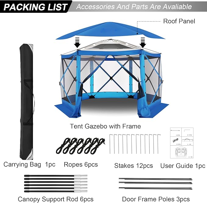 COBlZl Pop Up Gazebo 12x12 Screen House Tent for Camping, Outdoor Instant Stargazing Gazebo Canopy with Awning 2.0, Portable Hub Tent with Mosquito Netting, Pavilion for Backyard,Blue