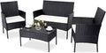 Patio Furniture Set 4 Pieces Conversation Sets Outdoor Wicker Rattan Chairs Garden Backyard Balcony Porch Poolside Loveseat with Soft Cushion and Tempered Glass Table(Black/Beige)