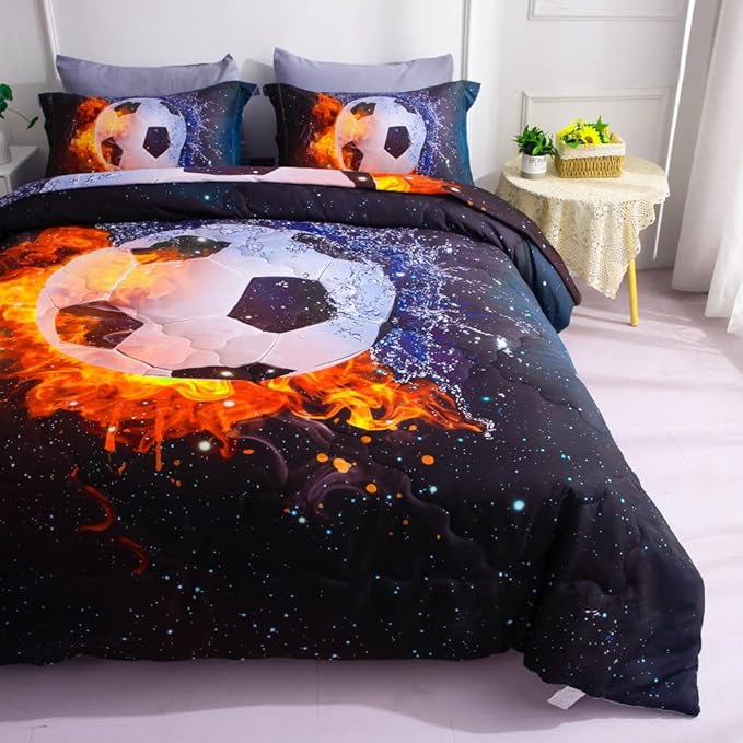 Wajade Football Soccer Comforter Set Bed in A Bag Queen Size 3D Galaxy Soccer Ball Sports Bedding Set for Boys Kids (1 Comforter, 1 Flat Sheet, 1 Fitted Sheet, 2 Pillowcase and 2 Pillow Sham)