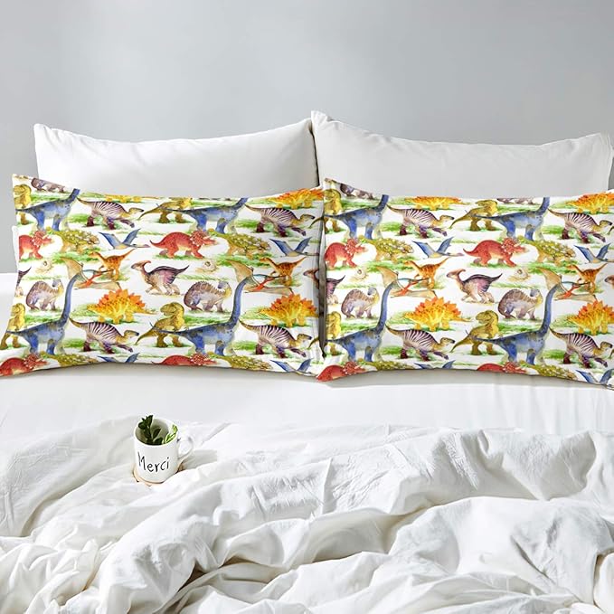 Erosebridal Dinosaur Comforter Set Kawaii Dino Bedding Set for Kids Girls Boys Teens Bedroom Decor, Retro Animal Duvet Insert Watercolor Wildlife Soft Microfiber Quilt with 2 Pillow Cases, Full