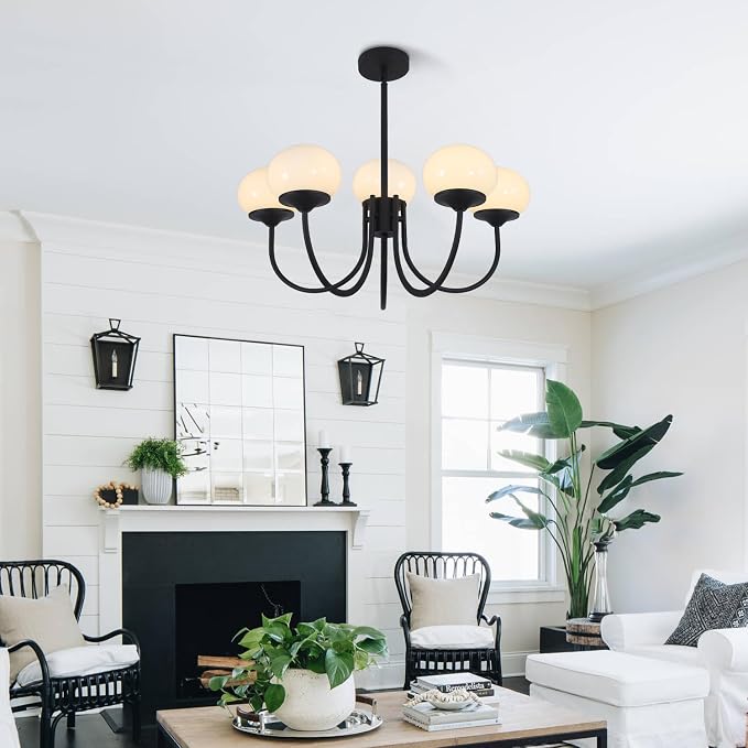 5 Light Black Milk Glass Chandelier Farmhouse Pendant Lights Kitchen Island Frosted White Globe Chandelier Mid Century Modern Dining Room Light Fixtures Over Table