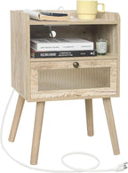 AWASEN Nightstand with Charging Station, Modern Bedside Table with Glass Decorative Drawer, Charging Night Stand Side Tables for Bedroom and Small Space, Rustic White Oak
