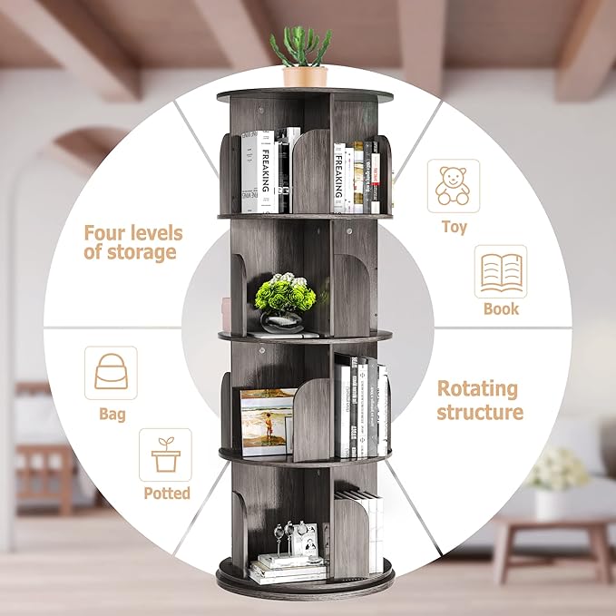 Rotating Bookshelf, Rotating Bookshelf Tower for Small Space, 360 Display 4 Tier Floor Standing Storage Rack, Wood Narrow Book Shelf for Bedroom, Living Room