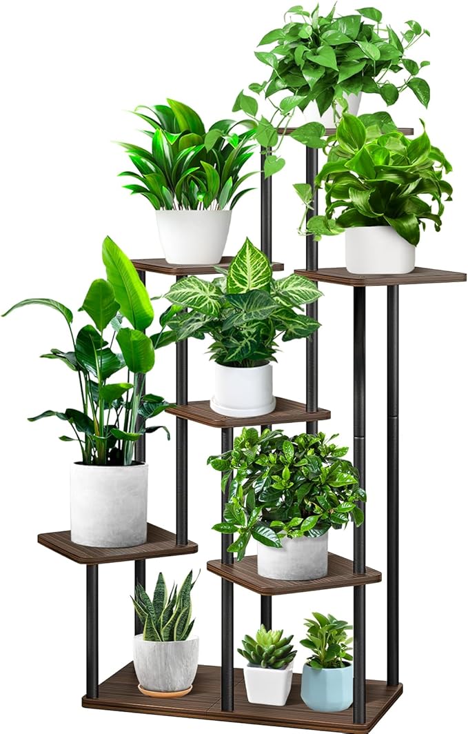 7 Tier Wood Tall Plant Stand Metal Rack Indoor, Multiple Flower Pot Holder Shelves Corner Rack, Planter Shelf Display Rack Storage Organizer for Patio Living Room Balcony Garden(Black Oak)