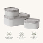 La Jolie Maison Fluted Cardboard Storage Baskets with Vegan Leather Lids, Sturdy Stackable Paper Boxes Decorative Tray, Modern Basket Organizer Bins Bathroom Bedroom Organizing, Storm Grey, Set of 3