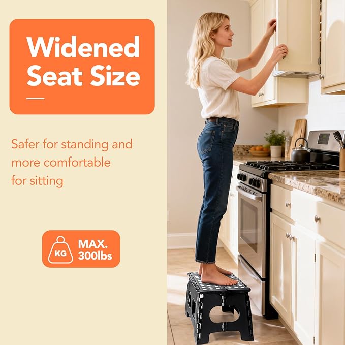 ACSTEP 9 Inch Folding Step Stool, 15 Inch Extra-Wide, 300 lbs, Black | Non-Slip Heavy Duty Foldable Step Stool for Kids and Adults, Extra-Wide for Comfort and Stability, for Bathroom and Kitchen