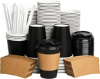 12 oz Paper Coffee Cups with Lids 100 Pack, Black Disposable Hot Coffee Cups with Lids, Sleeves and Stirring Sticks, To Go Cups, for Parties, Picnic, Travel, and Events