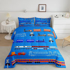 Erosebridal Train Full Comforter Set for Boys,Cartoon Car Bedding Set for Kids Boys Girls Toddler,Vintage Car Down Comforter,Retro Steam Railway Rail Traffic Light Duvet Set Bedroom Decor,Blue 3Pcs