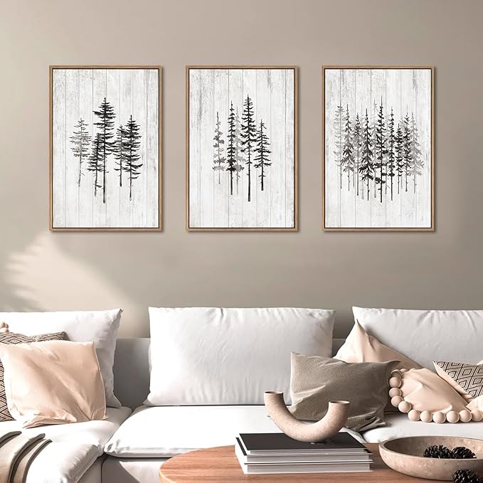 HPINUB Woodcut Style Pine Tree Framed Canvas Wall Art Set, Minimalist Modern Black and White Forest Wall Decor, Rustic Minimalist Canvas Painting for Living Room,Bedroom,Office Decor-16 x24 x3