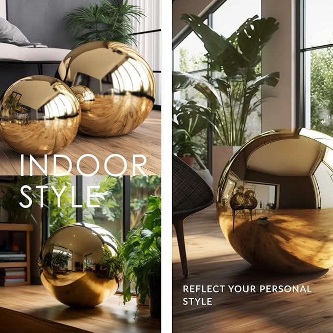 12 Inch Stainless Steel Gazing Globe,v2croft Hollow Ball Mirrored Surface Polished Shiny Sphere,Garden Stainless Steel Gazing Ball for Outdoor Lawn Pond Yard Ornament(Gold)
