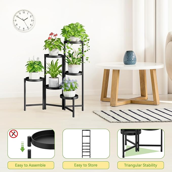 iDavosic.ly Plant Stand Indoor Outdoor, 6 Tier Corner Metal Flower Display Holder Shelf, Folding Tall Orchid Rack for Patio Balcony Porch Garden Living Room House, Black