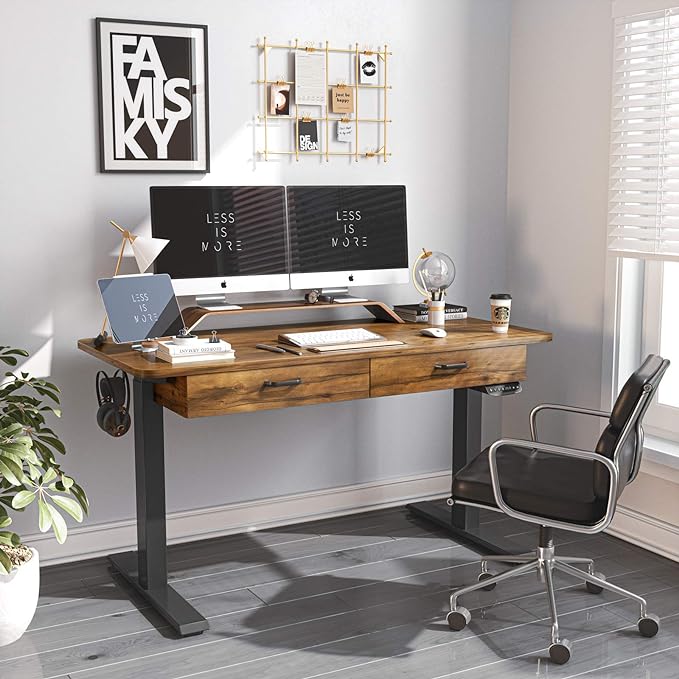 BANTI 55'' Adjustable Height Electric Standing Desk with Double Drawer, Stand Up Home Office Desk with Splice Tabletop, Rustic Brown