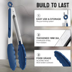 HOTEC Premium Stainless Steel Locking Kitchen Tongs with Silicon Tips, Set of 3-7", 9" and 12" (Classic Blue)