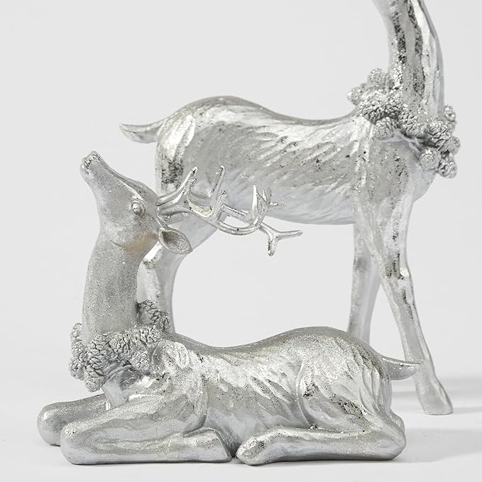 DN DECONATION Christmas Reindeer Figurines, Winter Deer Small Statues Decor, Silver Decorative Reindeer Sculptures, Resin Xmas Holiday Home Décor Accents for Office Living Room & Bedroom 2PCS