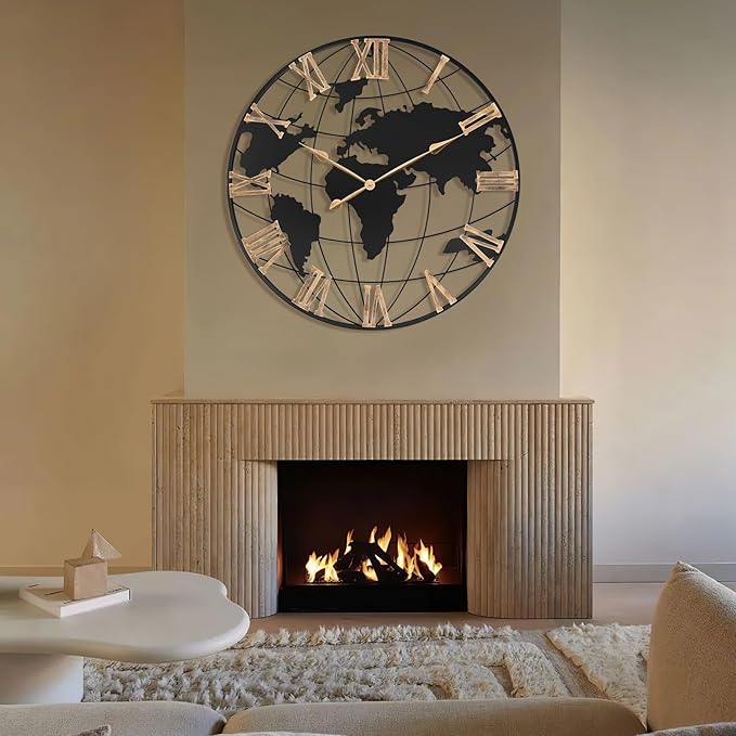 36 Inch Extra Giant Oversized Black Metal Wall Clock,Large Modern Decorative Silent World Map Wall Clock with Vintage Gold Roman Numeral for Living Room,Entrance Fireplace,Dining Room Decor
