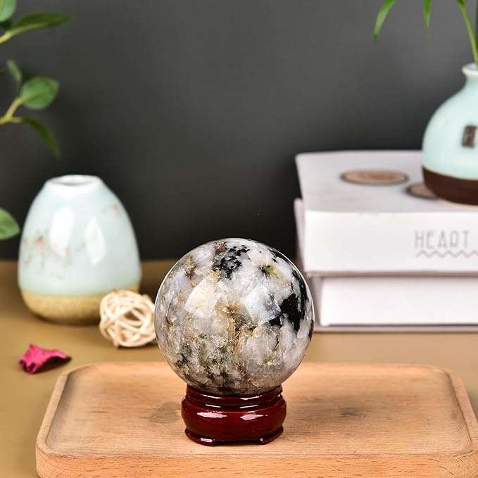 JIC Gem Black and White Tourmaline Crystal Sphere with Wooden Stand,Decorative Crystal Ball Black&White Gemstone Sphere for Meditation,Feng Shui,Witch-Style Decor,Office Table Decorations 70-80mm