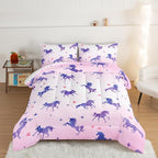 HOSIMA Kawaii Unicorn Comforter,Purple Unicorn with Stars and Love Heart Princess Toddler Bedding Set-Soft Microfiber Full Size Bed in a Bag,Fairycore Room Decor Pink Comforter with 2 Pillowcases.