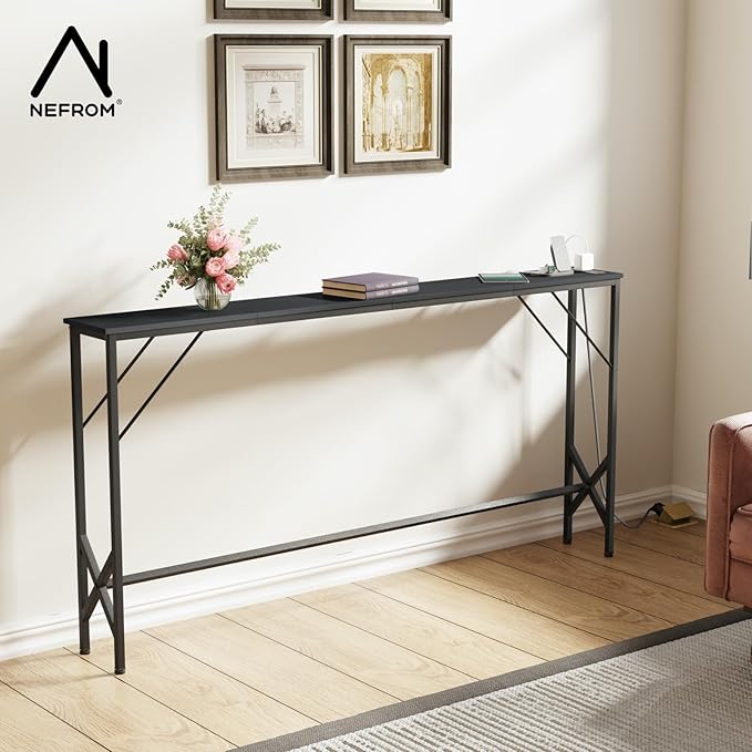 63'' Console Table, Skinny Entryway Table with Fast-Charging Station, Narrow Long Sofa Table, Behind Slim Couch Table for Entrance, Hallway, Living Room Decor ST-BK160-1