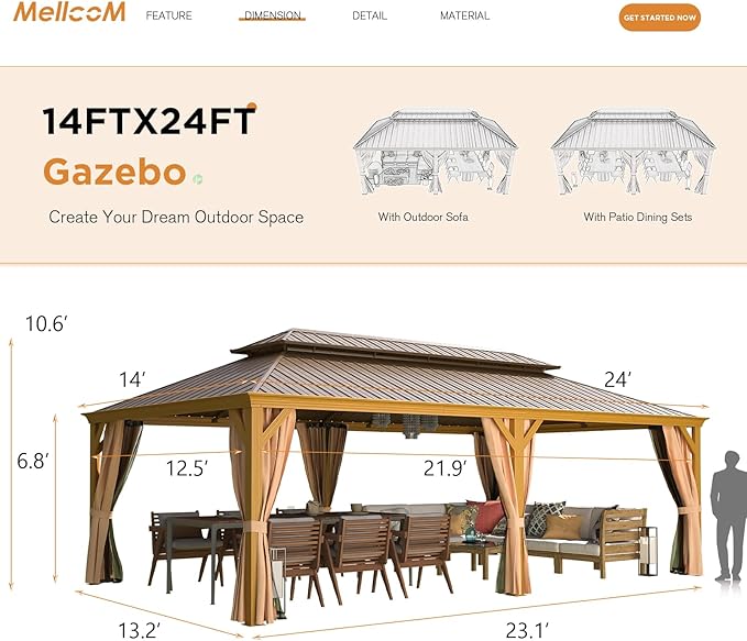 MELLCOM 14'x24' Gazebo, Wooden Finish Coated Aluminum Frame Pergola with Double Galvanized Steel Hardtop Roof, Outdoor Permanent Metal Pavilion with Curtains and Nettings for Patio, Backyard and Deck