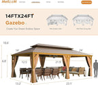 MELLCOM 14'x24' Gazebo, Wooden Finish Coated Aluminum Frame Pergola with Double Galvanized Steel Hardtop Roof, Outdoor Permanent Metal Pavilion with Curtains and Nettings for Patio, Backyard and Deck