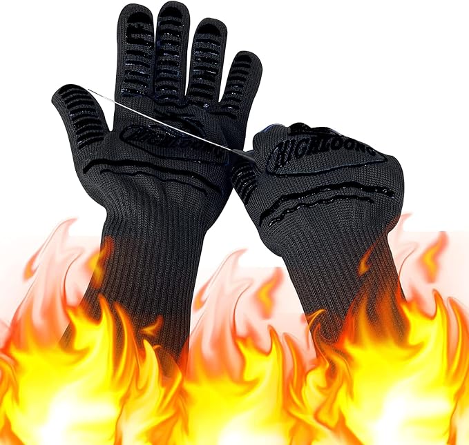 1472°F Extreme BBQ Gloves Grill Oven Safety Gloves, Cut Resistant with Non-Slip Silicone for Grilling, Frying, Baking, Fireplace, Cooking (2 Pieces Set) (Black Strips Long)