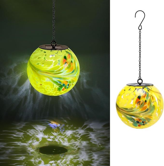 VCUTEKA Solar Hanging Lanterns Outdoor Decoration, Glass Solar Lights with Hook Up, Solar Garden Gazing Ball Light for Yard, Tree and Patio Decor, Yellow