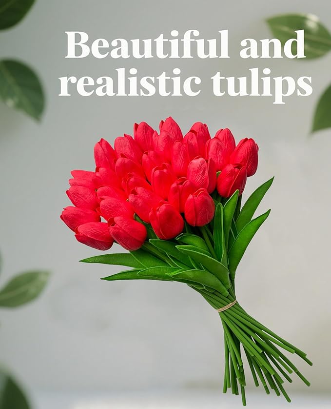 Artificial Tulips Flowers 15Pcs Faux PU Tulip Real Touch Tulip Fake Flowers Bouquets Arrangements for Mother's Day Easter Spring Flowers Gifts Home Table Décor