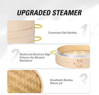 MacaRio 10 Inch Bamboo Steamer Basket Set Dumpling Steamer for Cooking | 2-tier with lid side handles chopsticks ceramic sauce dishes 50 paper liners for dumplings buns vegetables