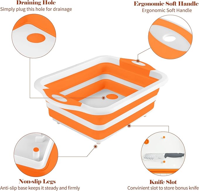 Rottogoon Collapsible Cutting Board, Foldable Chopping Board with Colander, Multifunctional Kitchen Vegetable Washing Basket Silicone Dish Tub for BBQ Prep/Picnic/Camping(Orange)