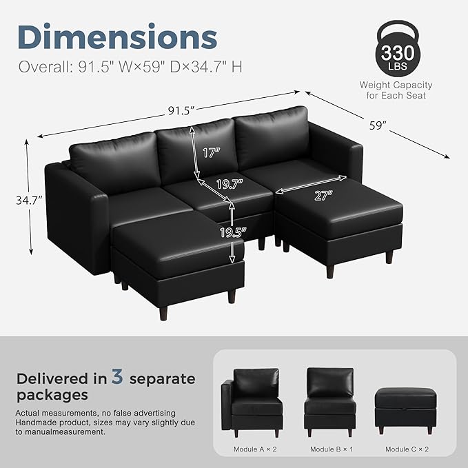 91.5" Faux Leather U Shaped Modular Sectional Sofa, 5 Seater Couch with Movable Ottoman Deep Seat and Storage Seat with Removable Cover for Living Room, Apartment - Black