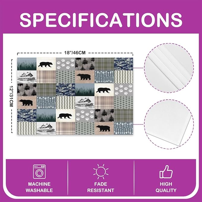 Feelyou Bear Table Place Mats 18"x12" Wild Animal Placemats Set of 4 Ultra Soft Striped Boho Placemat for Kitchen Dining Table Rustic Cabin Country Indoor Outdoor Decor Table Mats Farmhouse Camper