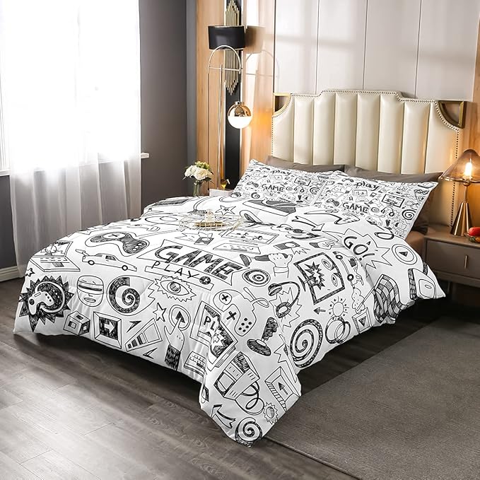 Erosebridal Gaming Comforter Set, Kids Gamepad Cartoon Bedding Set Full,Video Games Gamers Duvet Set Hip Hop Graffiti Quilt Set Racing Car Comforter Set, Black White Printed Bedroom Decor