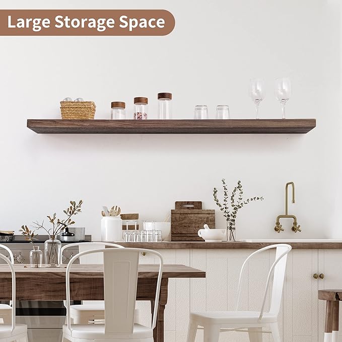 Axeman Floating Shelves for Wall, Rustic Elm Wood 48'' x 8" Deep Wall Shelf with Invisible Bracket, Large Long Wall Mounted Storage Shelves for Living Room, Bedroom, Kitchen, Bathroom Decor, Walnut